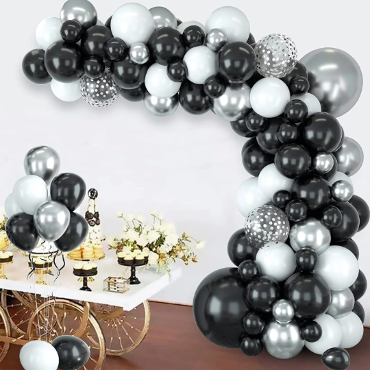 Black and Chrome Silver Balloon with Giant White and Silver Giant Balloon Garland Arch