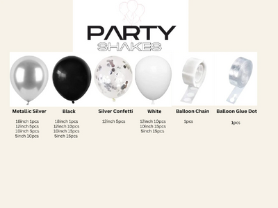 Black and Chrome Silver Balloon with Giant White and Silver Giant Balloon Garland Arch - Partyshakes Balloons