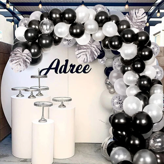 DIY Black and Chrome Silver Balloon Garland with Silver Leaves