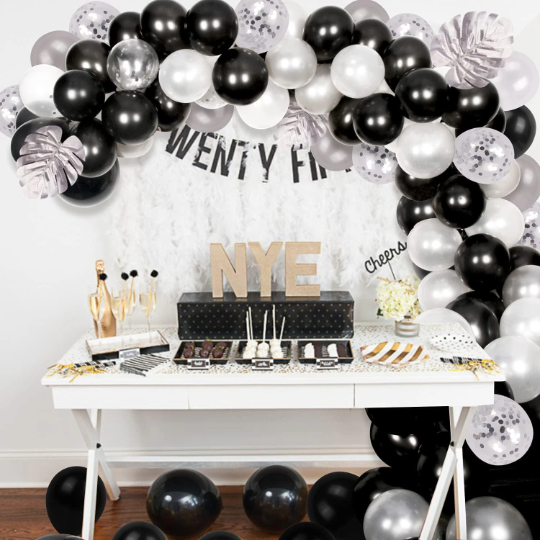 DIY Black and Chrome Silver Balloon Garland with Silver Leaves