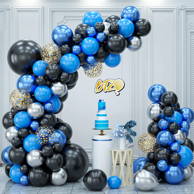 Blue, Black and Silver Latex Party Balloon Garland with Gold Confetti Balloons