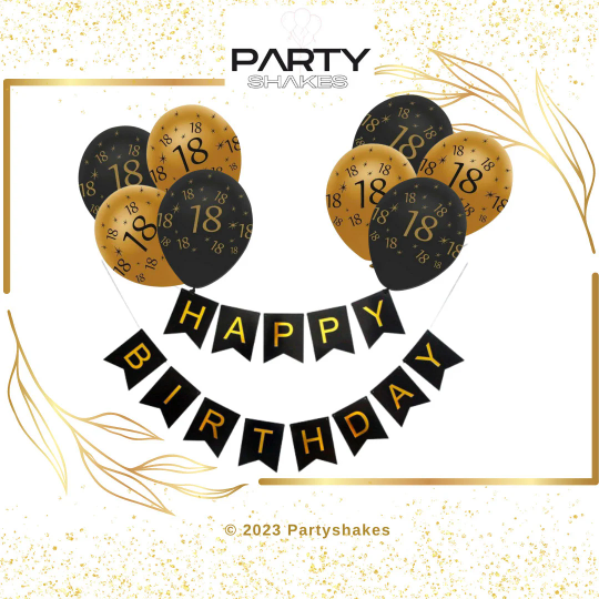 18th Black And Gold Happy Birthday Banner Black and Gold Balloons Black Bunting