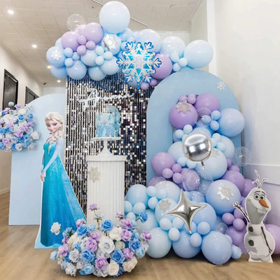 Create a magical winter wonderland with this Frozen Balloon Garland Arch Kit. Our design features carefully selected high-quality double-layered pastel blue and purple with metallic silver balloons to ensure long-lasting, visually stunning decor that will elevate any occasion such as frozen-themed birthday parties, baby showers, and kid birthday celebrations. The natural latex balloons are eco-friendly and will add a touch of charm to any event.