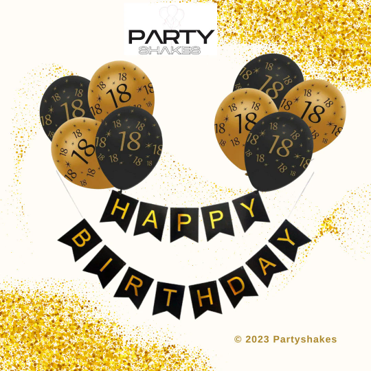 18th Black And Gold Happy Birthday Banner with Balloons - Partyshakes balloons