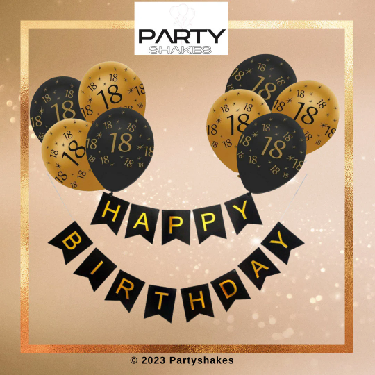 18th Black And Gold Happy Birthday Banner with Balloons - Partyshakes balloons