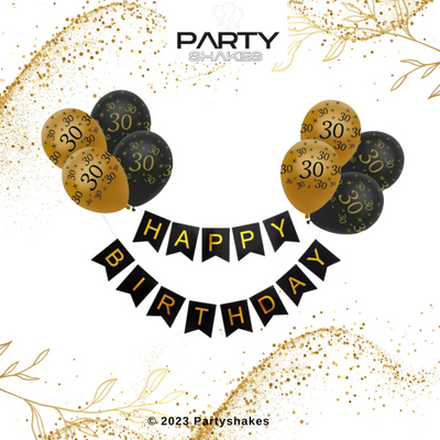 30th Black And Gold Happy Birthday Banner Black and Gold Balloons Black Bunting