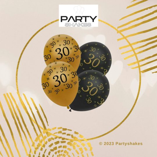 30th Black And Gold Happy Birthday Banner with Balloons - Partyshakes balloons