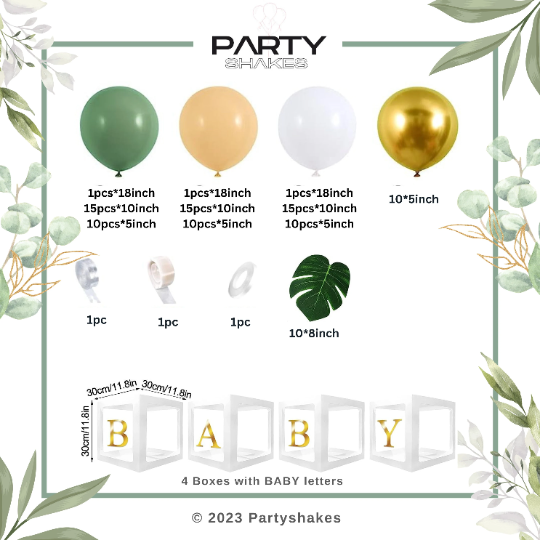 Premium Sage Green and Apricot Balloon Arch, Giant White Baby Box