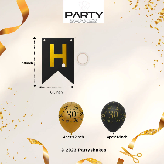 Impress and greet your birthday attendees with this sophisticated gold foil birthday banner and 30th balloon decoration. Birthday party decorations are a hit with everyone, making this banner a perfect choice for any age. Bring a touch of refinement to your celebration with this visually stunning and understated banner that will impress your guests.