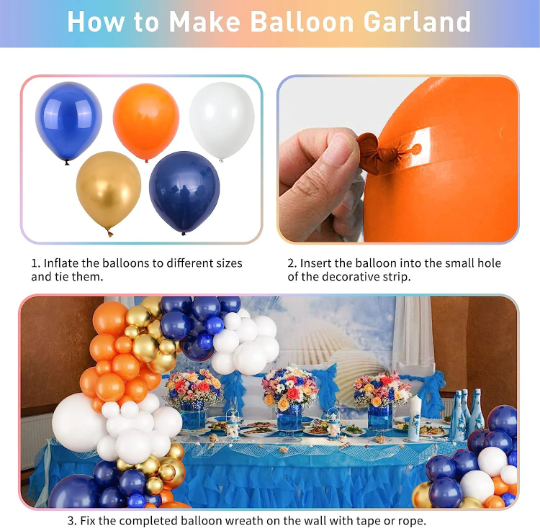 Navy Blue, Orange and White Latex Party Balloon Garland with Metallic Gold Balloons