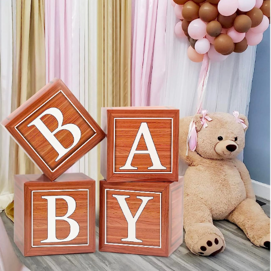 4pcs Wood Grain Baby Blocks, Baby Shower Boxes, Baby Shower Wood Effect Boxes