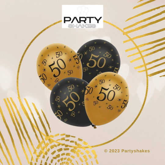 50th Black And Gold Happy Birthday Banner with Balloons - Partyshakes balloons