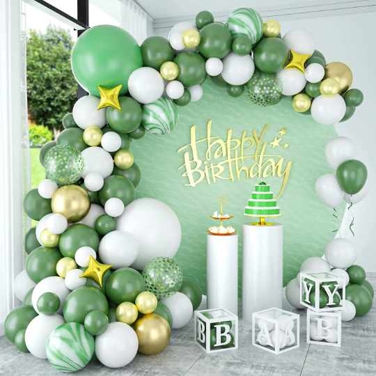 Premium Sage Green, Confetti, and Gold Balloon Arch with Giant Balloons