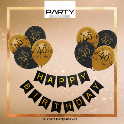 40th Black And Gold Happy Birthday Banner with Balloons - Partyshakes balloons