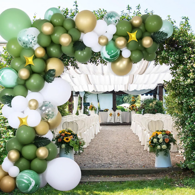 Premium Sage Green, Confetti, and Gold Balloon Arch with Giant Balloons