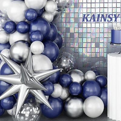 Create stunning balloon displays with this versatile Navy Blue Balloon and Silver Arch Kit. Perfect for birthdays, anniversaries, weddings, parties, and baby showers, this kit includes high-quality latex balloons in navy blue, white, and transparent silver confetti. 
