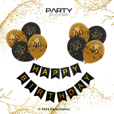 40th Black And Gold Happy Birthday Banner with Balloons - Partyshakes balloons