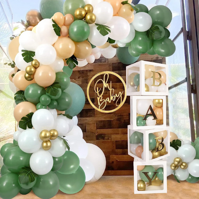 Premium Sage Green and Apricot Balloon Arch, Giant White Balloon and Baby Box