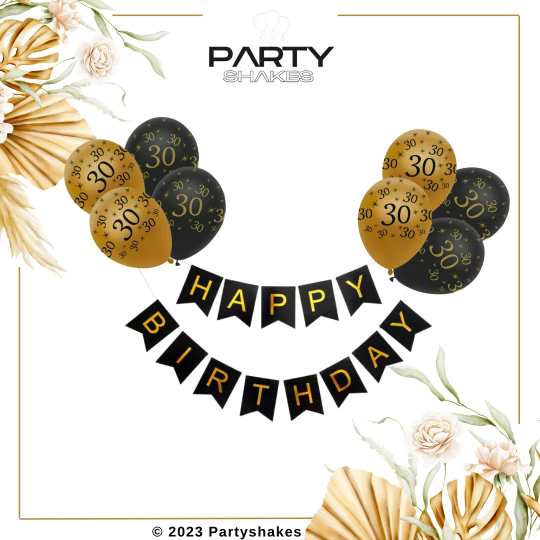 30th Black And Gold Happy Birthday Banner with Balloons - Partyshakes balloons