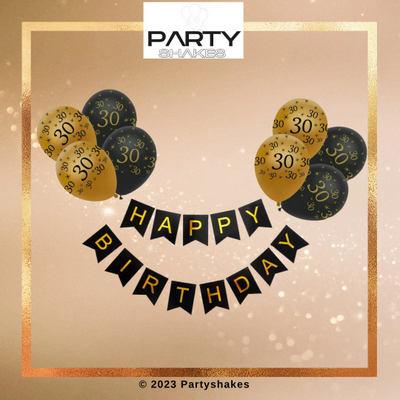 30th Black And Gold Happy Birthday Banner Black and Gold Balloons Black Bunting