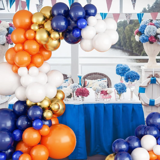 Navy Blue, Orange and White Latex Party Balloon Garland with Metallic Gold Balloons