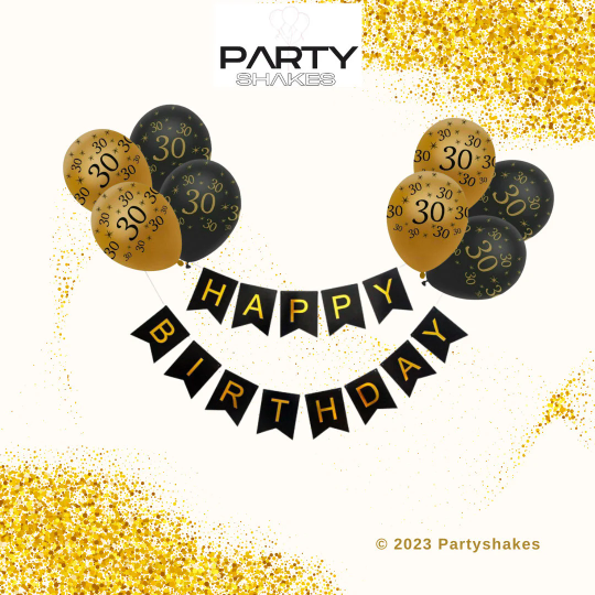 30th Black And Gold Happy Birthday Banner with Balloons - Partyshakes balloons