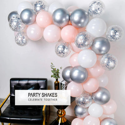 Double Layered Pastel Pink, Silver and White Latex Balloon Garland Arch - Partyshakes Balloons