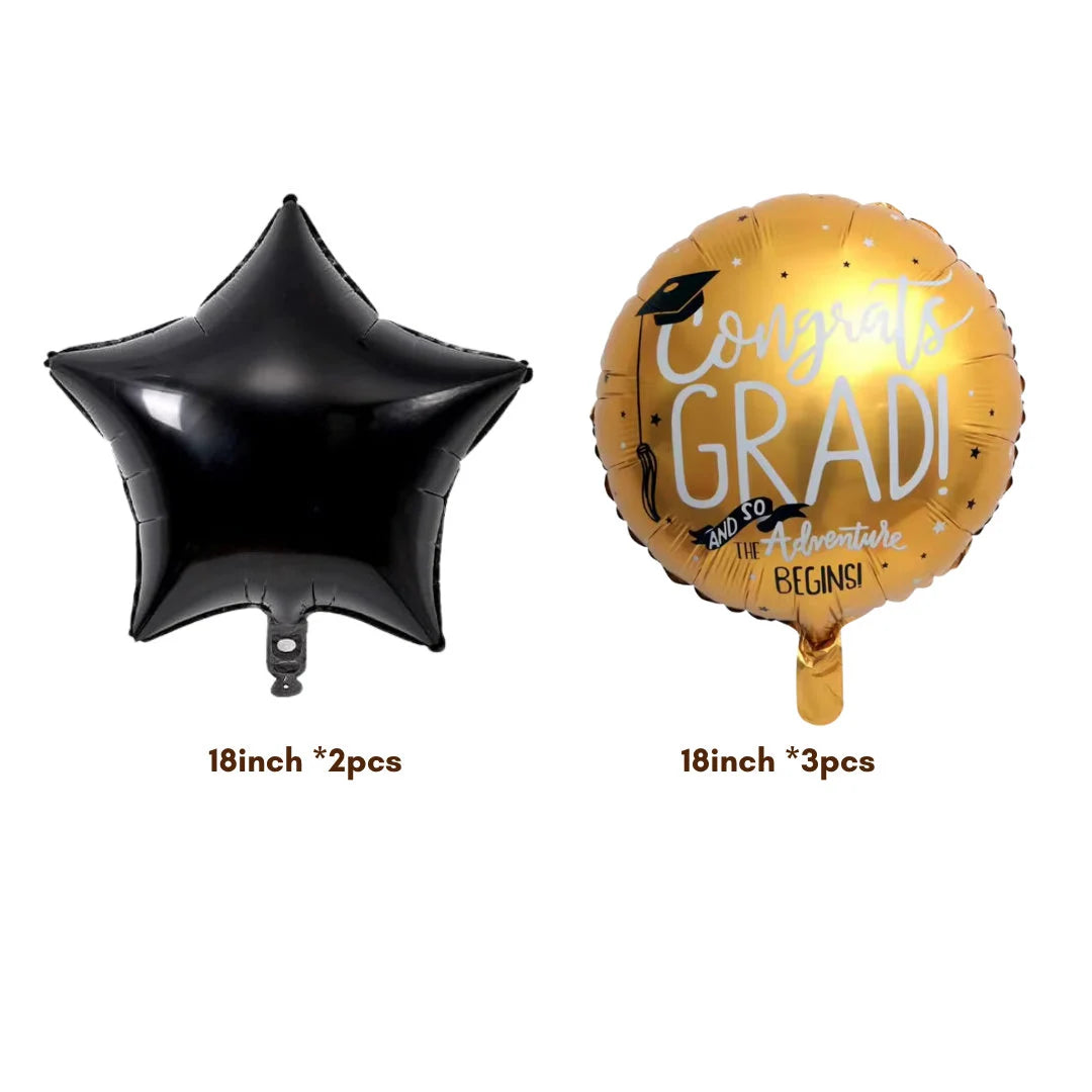 5 Piece Black and Gold Graduation Foil Balloons Set - Partyshakes balloons