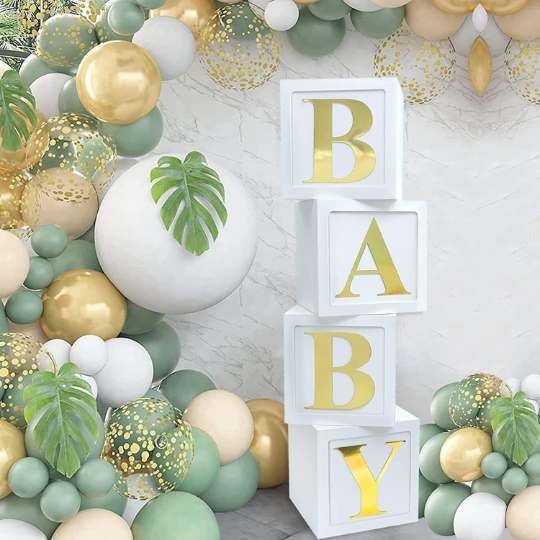 4pcs White Baby Blocks with Gold Letters, Baby Shower Boxes - Partyshakes Baby Blocks
