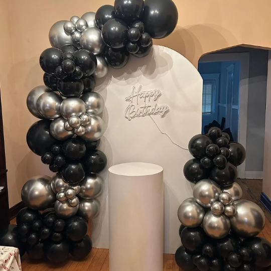 DIY Black and Chrome Silver Balloon Garland, Giant White Balloon with Silver Giant Orb - Partyshakes Balloons