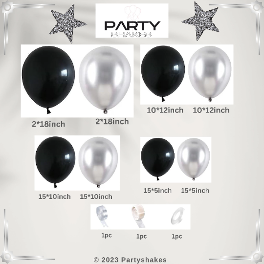 DIY Black and Chrome Silver Balloon Garland, Giant White Balloon with Silver Giant Orb - Partyshakes Balloons