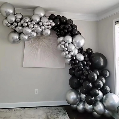 DIY Black and Chrome Silver Balloon Garland, Giant White Balloon with Silver Giant Orb