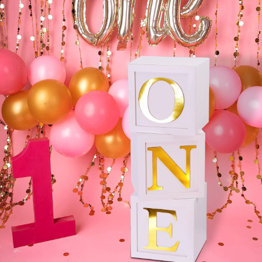 3pcs White Baby Blocks with Gold ONE Letters - Partyshakes Baby Blocks