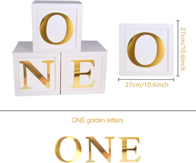 3pcs White Baby Blocks with Gold ONE Letters