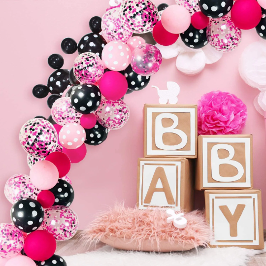 Pink and Black Balloon Garland Arch for Baby Shower with Pink and Black Confetti - Partyshakes Balloons