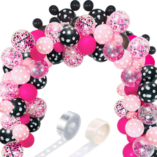 Pink and Black Balloon Garland Arch for Baby Shower with Pink and Black Confetti - Partyshakes Balloons