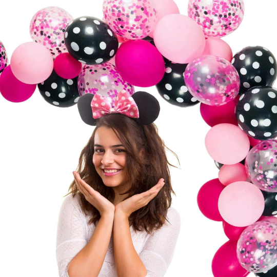 Pink and Black Balloon Garland Arch for Baby Shower with Pink and Black Confetti