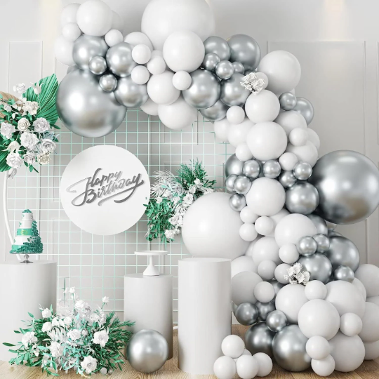DIY White and Silver Confetti Balloon Garland Arch with 18inch Chrome Balloon