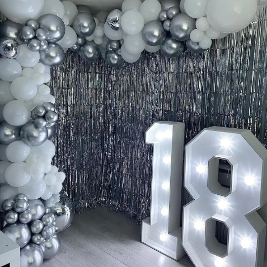 DIY White and Silver Confetti Balloon Garland Arch with 18inch Chrome Balloon