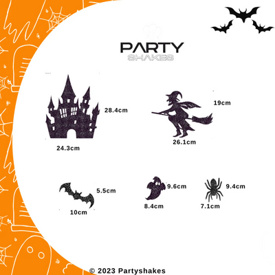 This eye-catching set of 7 paper fan flowers features a witch, a spooky haunted house, spider web, spiders, and bats with glitter cutouts. These honeycomb paper fans make an ideal decoration for Halloween to spooky ceilings, fireplaces, branches, classrooms, homes and offices, and can be organized to fit the venue and accompanying decorations.