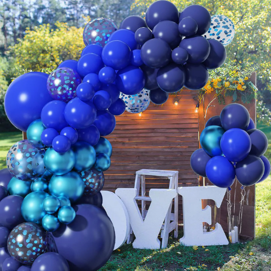 Our Balloon Garland Kit, featuring Double Layered Navy Blue and Metallic Blue Balloons, is perfect for decorating baby showers, weddings, summer parties, or birthdays. The unique design includes double-layered navy and royal blue balloons, as well as thick metallic blue and confetti balloons, all made from natural, biodegradable latex. 