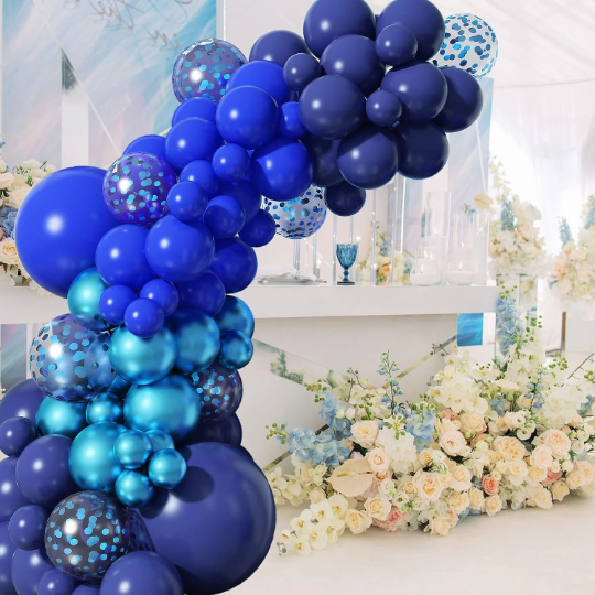 Our Balloon Garland Kit, featuring Double Layered Navy Blue and Metallic Blue Balloons, is perfect for decorating baby showers, weddings, summer parties, or birthdays. The unique design includes double-layered navy and royal blue balloons, as well as thick metallic blue and confetti balloons, all made from natural, biodegradable latex. 