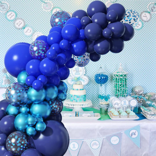 Navy Blue and Metallic Blue Latex Party Balloon Garland with blue Confetti Balloon Metallic Balloon