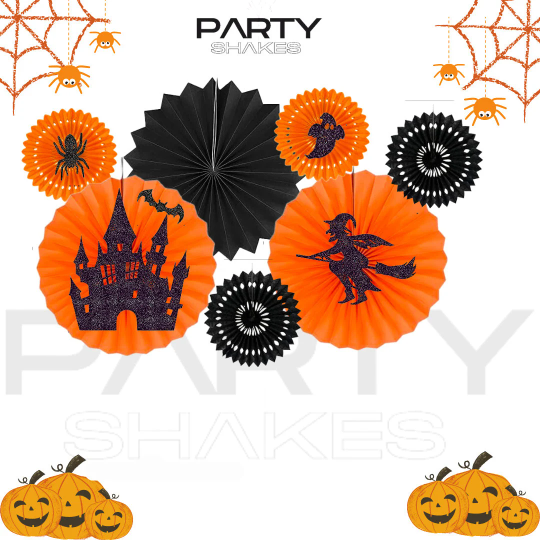 This eye-catching set of 7 paper fan flowers features a witch, a spooky haunted house, spider web, spiders, and bats with glitter cutouts. These honeycomb paper fans make an ideal decoration for Halloween to spooky ceilings, fireplaces, branches, classrooms, homes and offices, and can be organized to fit the venue and accompanying decorations.