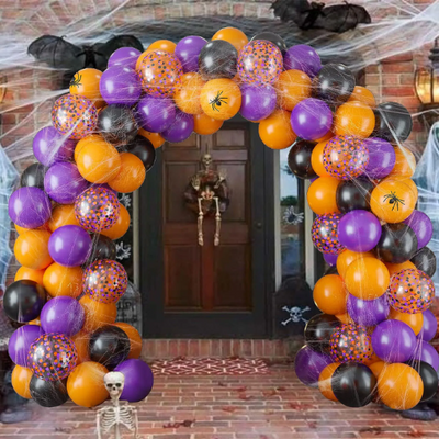 74 Orange, Black and Purple Halloween Balloon Garland Set, Spider Web with Spiders