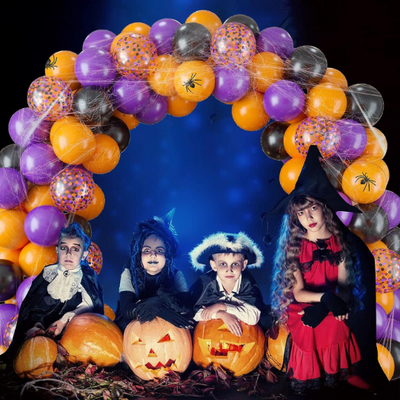 74 Orange, Black and Purple Halloween Balloon Garland Set, Spider Web with Spiders - Partyshakes Balloons