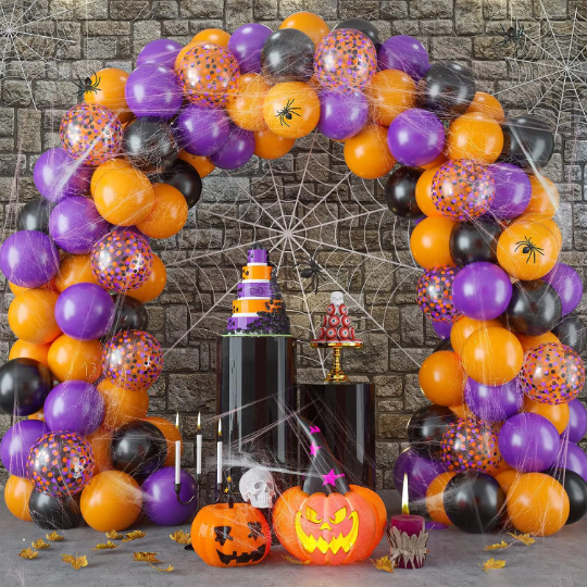 74 Orange, Black and Purple Halloween Balloon Garland Set, Spider Web with Spiders
