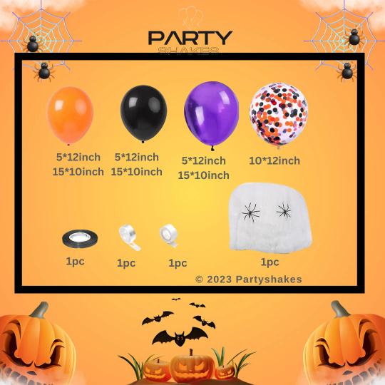 74 Orange, Black and Purple Halloween Balloon Garland Set, Spider Web with Spiders - Partyshakes Balloons