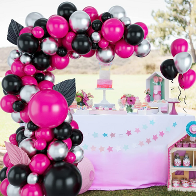 Rose Pink and Black Balloon Garland Arch with Silver Balloons