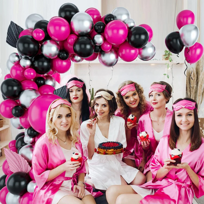 Pink and Black Balloon Garland Arch with Silver Balloons